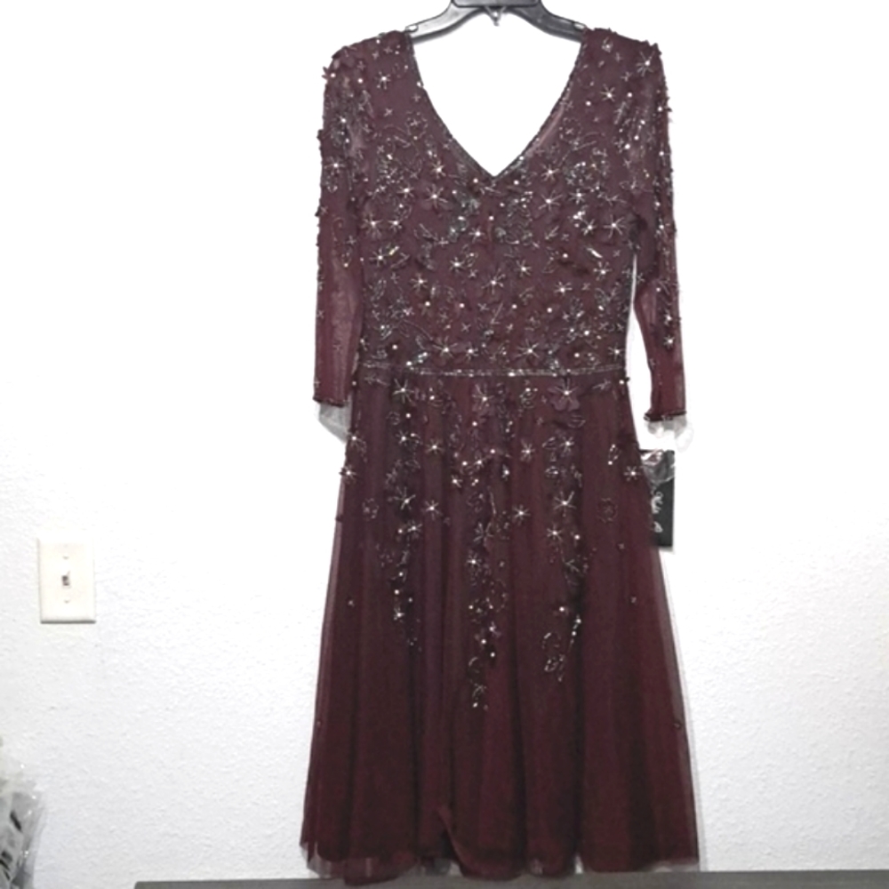 Pisarro Nights V-Neck 3/4 Sleeve Beaded Floral Embroidered Midi Dress